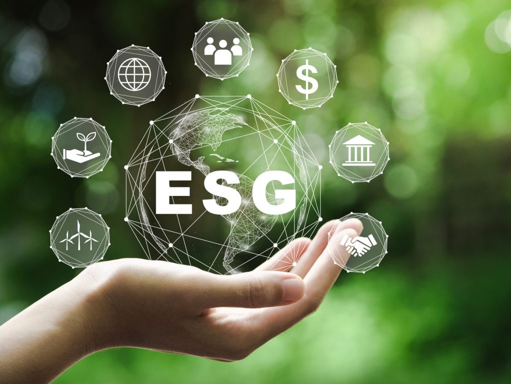 ESG 标志概念依托绿色背景下的网络连接，致力于在可持续和道德的业务中实现环境、社会和治理。